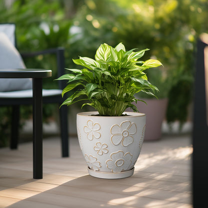 MPotTo 10 Inch Ceramic Planter Pot Large Plant Pot for Indoor Plants Outdoor Round Flower Pot with Drainage Hole and Saucer for Home Garden Decor White