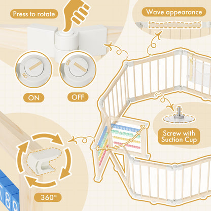 Atoping Wooden Baby Playpen 50 × 50 Inches, Foldable Playpen Fence with Cute Digital Blocks & Storage Bag, Wooden Baby Gate, Multi-Shape Play Yard for Babies and Toddlers Indoor Outdoor