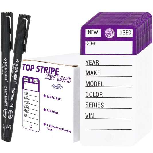 Vinyl Poly Car Key Tags 250 Pcs with 250 Split Rings & 2 Markers, Heavy-Duty & Tear Proof Top Stripe Key Tags with Write-On Design (Purple)