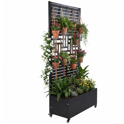 FASDRESS Metal Planter Box with Trellis Standing Planter Box for Climbing Plants/Vines Raised Garden Bed On Wheels 70.87x35.43x15.75 Inch (01)