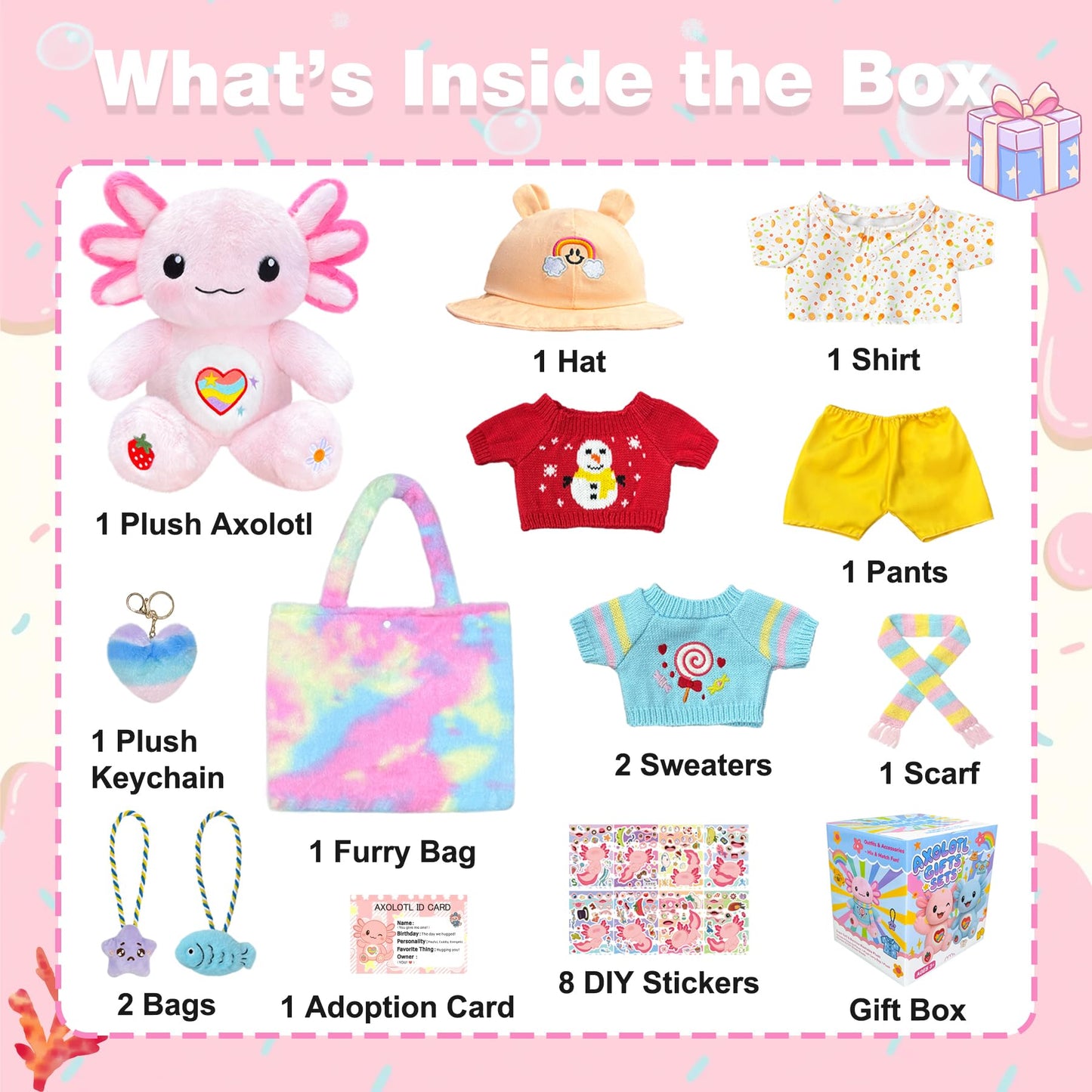 KUMANEKO Cute Axolotl Plush Gift Set with 12 Pcs Axolotl Stuffed Animal Clothes & Accessories, 13-Inch Axolotl Toy, 5/6/7/8/9/10-12 Year Old Girl Birthday Gift