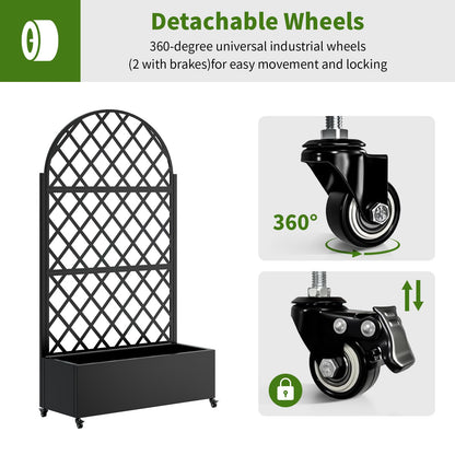 Metal Planter Box with Trellis and Wheels, 73"x35"x16" Galvanized Steel Raised Garden Bed with Drainage Holes and Privacy Screen Function for Climbing Plants, Vegetables, Flowers, and Vines–Black
