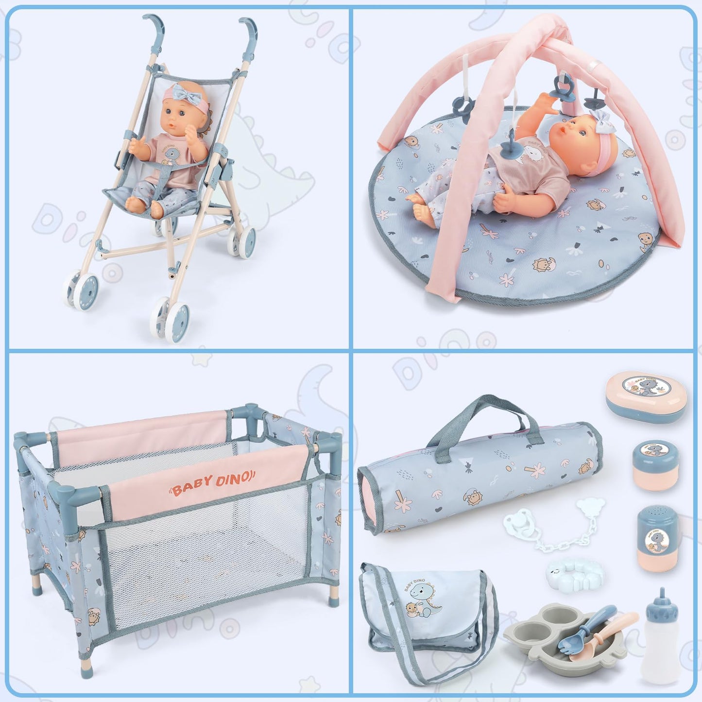 deAO Baby Doll Set,12 inch Doll Playset with Doll Stroller Crib Bed Nursery Role Play Set Accessories and Play Mat,Foldable Stroller and Travel Bag,Birthday Gifts for Girls