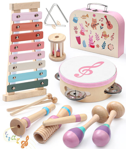 Toyssa Baby Musical Instruments, Montessori Wooden Musical Toys for Toddlers 2-3 with Xylophone Maracas Tambourine and Gift Box Kids Preschool Educational Birthday Gifts for 2 3 4 5 Year Old
