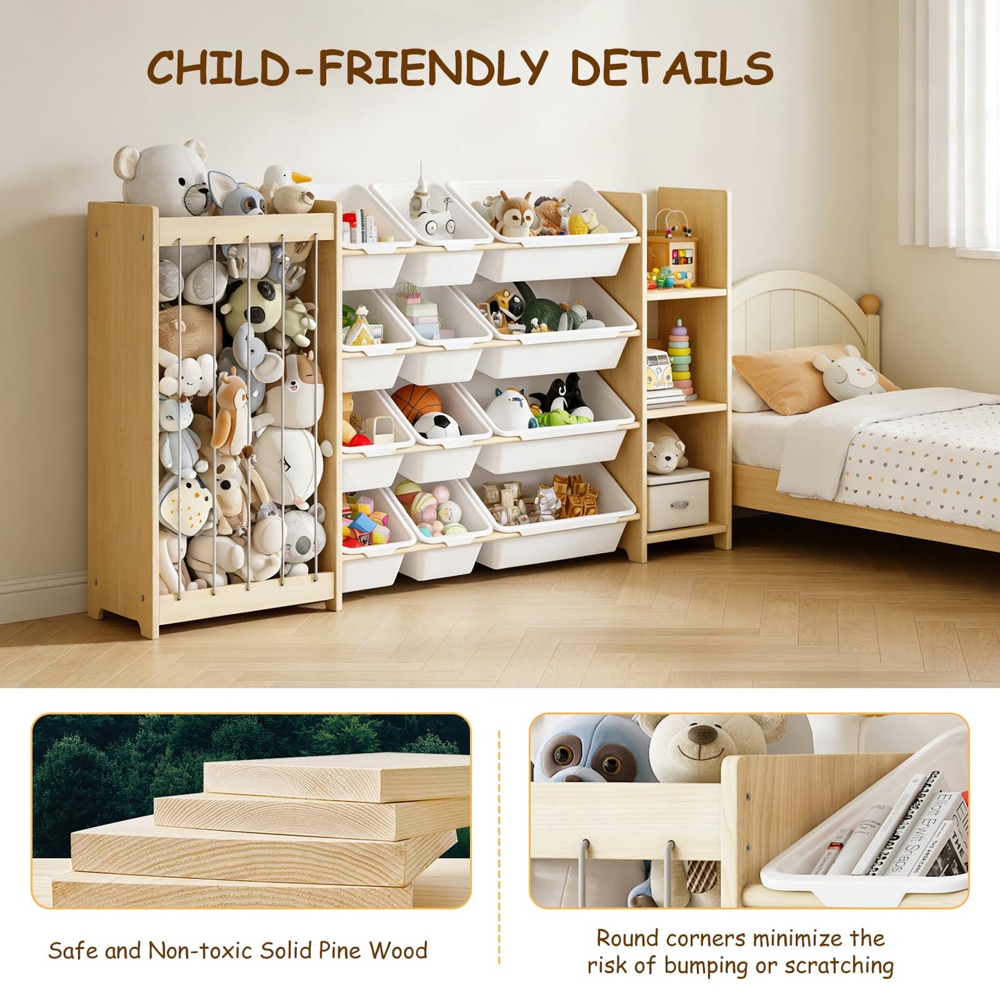 EXPERLAM 3-in-1 Toy Storage Organizer, Stuffed Animal Holder & 3-Tier Bookcase, Solid Wood Toy Organizer with 12 Storage Bins, Space-Saving Toy & Book Shelf for Kids Rooms, Bedroom, Playroom, White