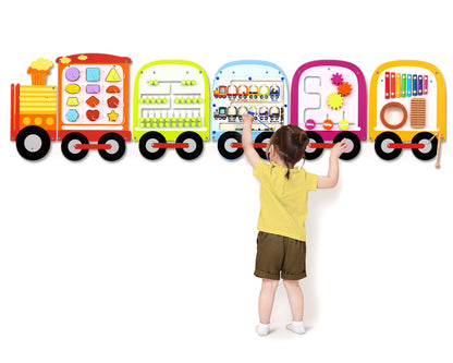 Joyreal Train Activity Wall Busy Board Panels - 8-in-1 Toddler Learning Activity Center - Wooden Montessori Sensory Toys for Playroom, Daycare, Classroom - Educational Toy for All-Round Development