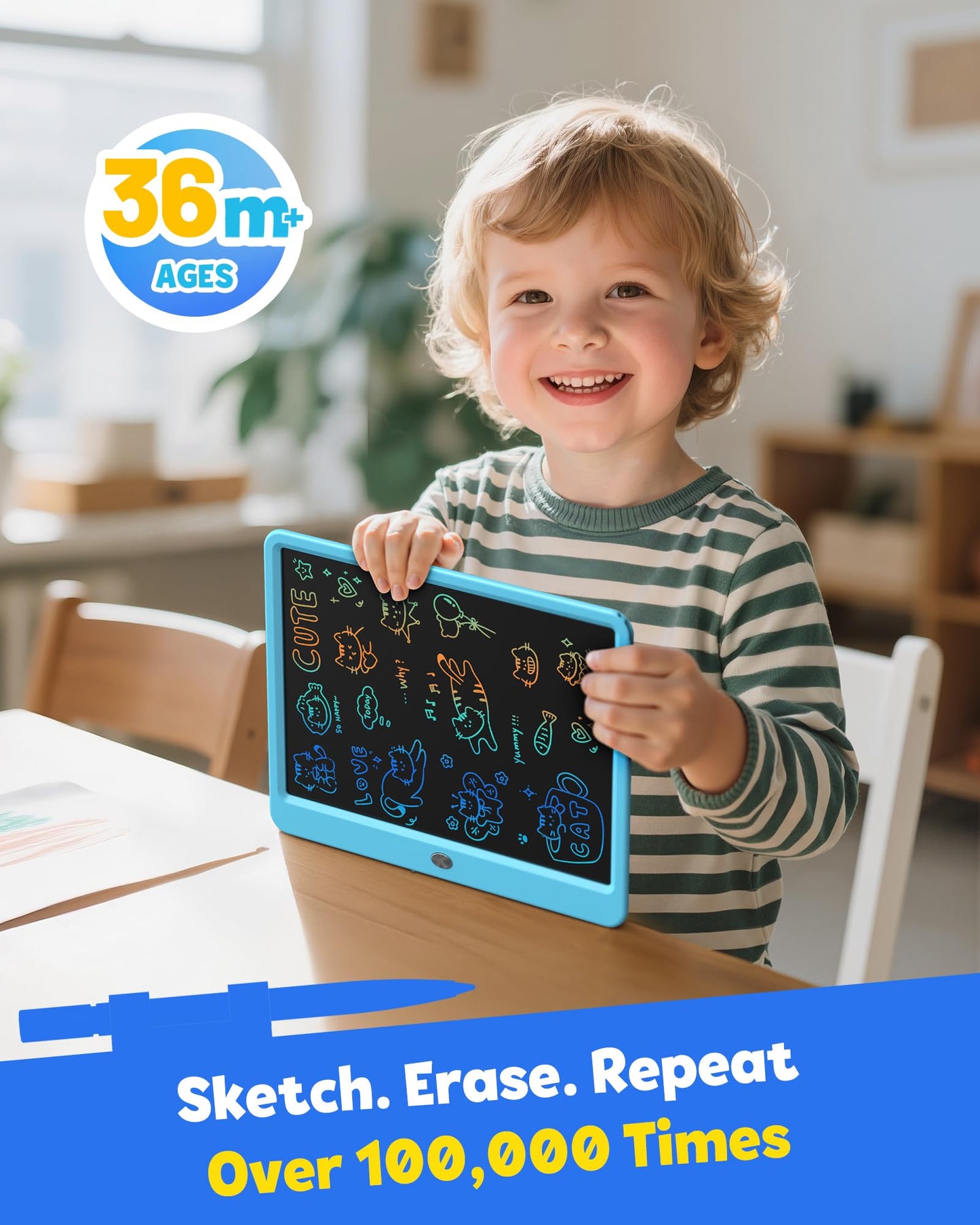TEKFUN 12 Inch LCD Writing Tablet for Kids, Coloring Drawing Pad, Mess Free Doodle Board, Airplane Travel Toys for Boys and Toddlers, Road Trip Essentials, Gifts for 3 4 5 6 7 8 Year Old Girls(Blue)