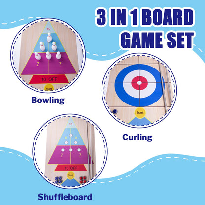 WodGod 11.8’L Shuffleboard, Curling and Bowling 3 in 1 Board Game Set,with 11.8 Foot Game Mat,2 Cues,8 Curling Rocks,6 Bowling Pins,Fun Family Game
