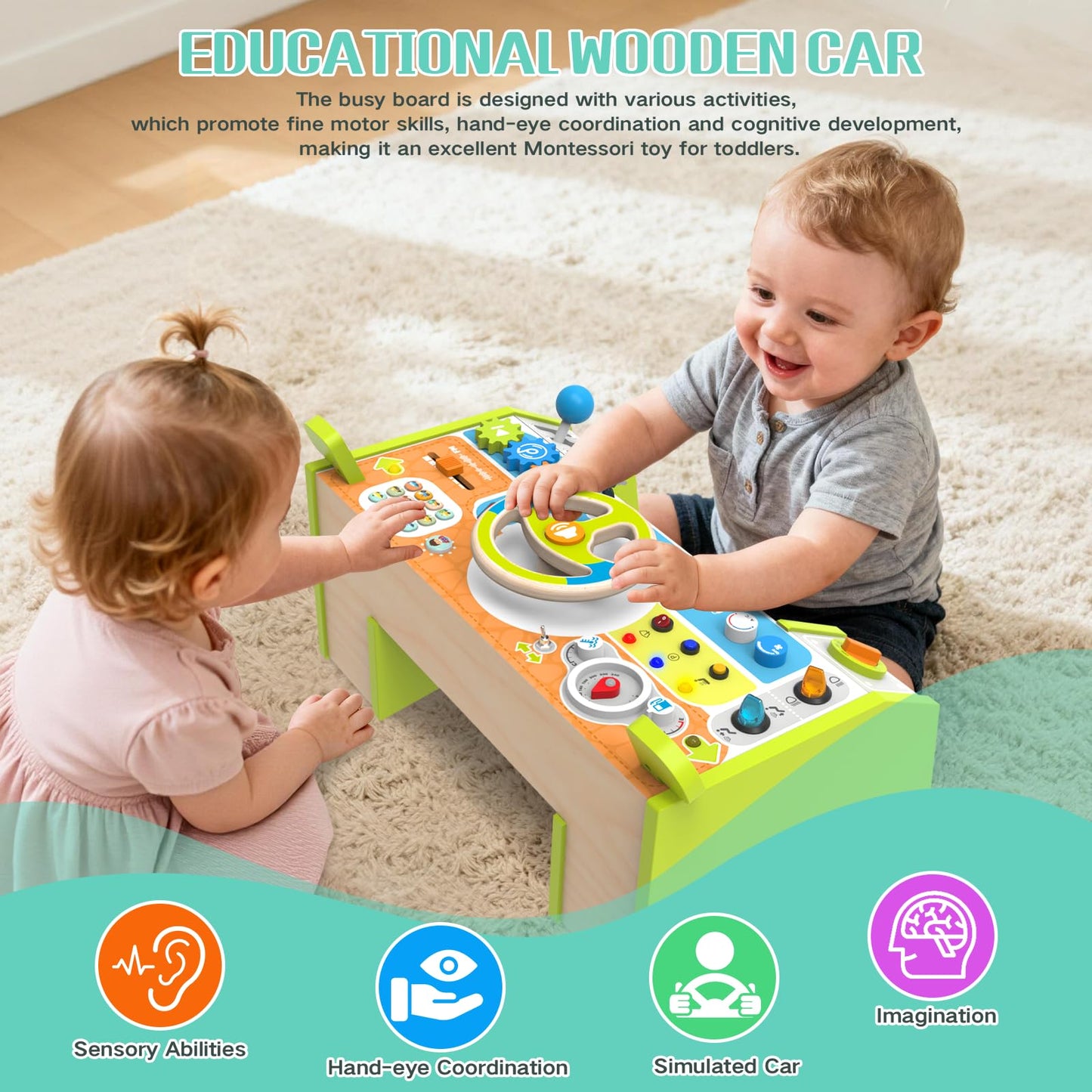 Yuyctwg Montessori Busy Board Car Steering Wheel Toy for Toddlers 1-3, Wooden Sensory Activity Board with Light Sound, Educational Toys for Fine Motor Skills, Birthday Gift for Boys Girls