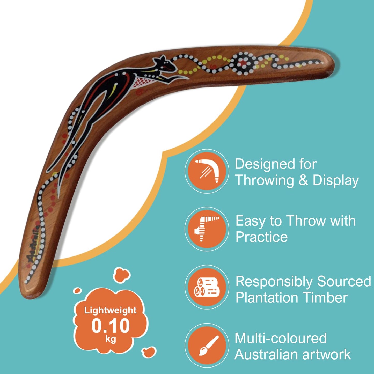 Boomerang Native Art 12-Inch Australian Wooden Boomerang | Handcrafted Kangaroo Cultural Art | Plantation Timber | Adult Sport & Decorative Display Collectible