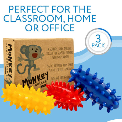 IMPRESA Spiky Sensory Roller - Multicolor 3-Pack, 3 in L x 1.4 in Dia Tactile Sensory Brush Roller for Kids - Stress Relief & Focus - Animal-Themed Monkey Spiky Fidget