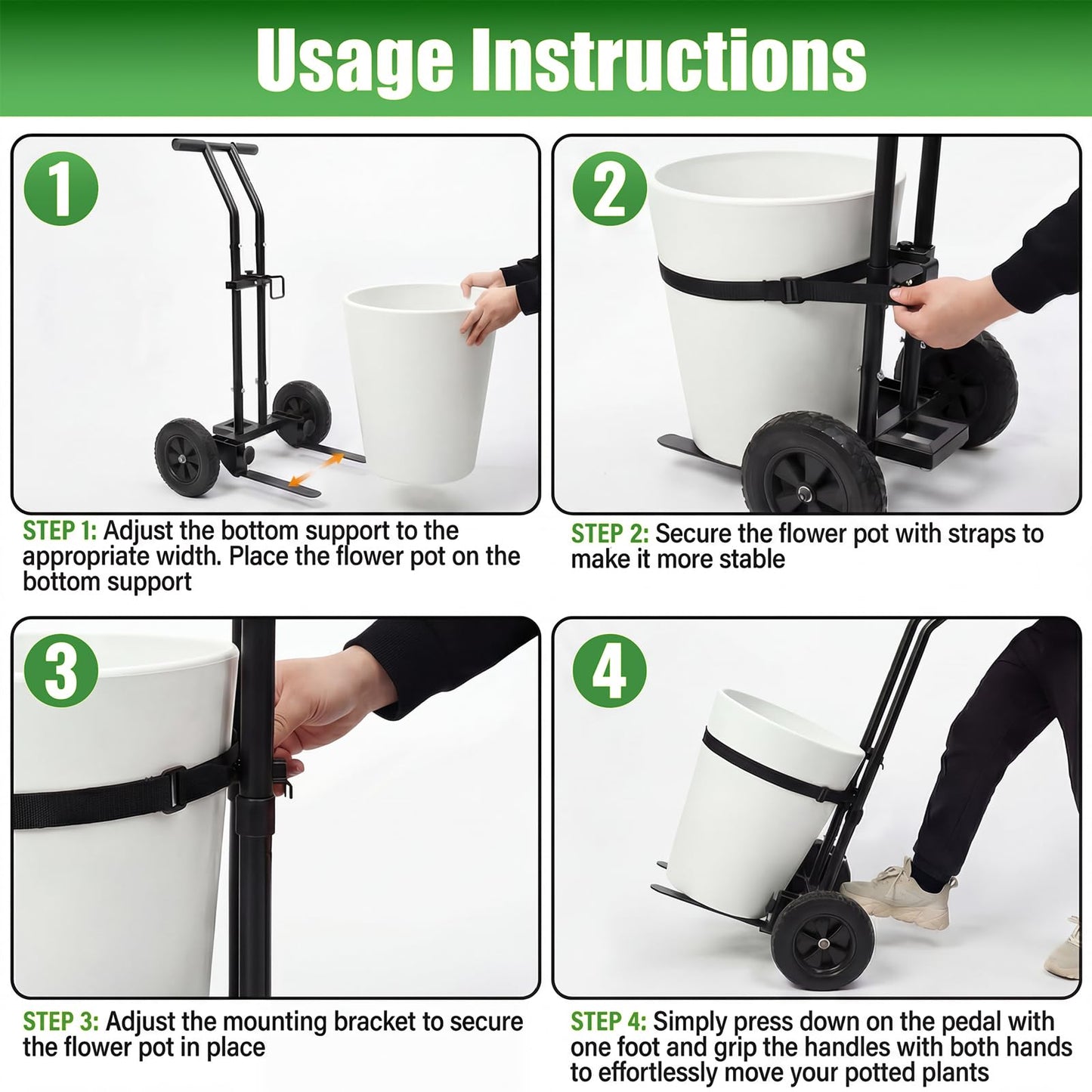 Adjustable Plant Caddy with Wheels, Heavy Duty Plant Dolly Cart w/Grab Arm and Strap Dual Protection, Garden Potted Plant Mover Dolly for Planter Flower Pots Indoor Outdoor, Supports 175lbs, Black