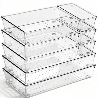 8 Pack Large Clear Plastic Drawer Organizer Bins - Acrylic Bathroom Drawer Organizer Trays - Heavy Duty Kitchen Drawer Dividers for Utensils - Non-Slip Storage Bins for Makeup, Bedroom, Office Desk