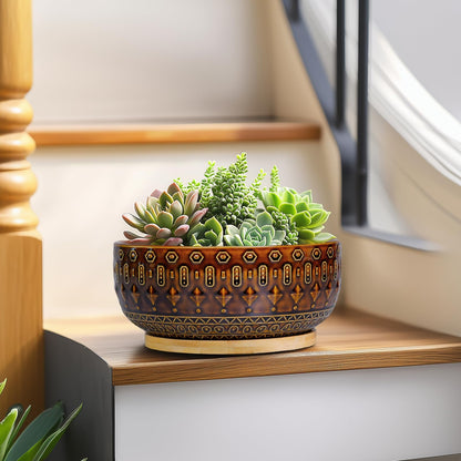 Fivepot Bonsai Pots - 8 Inch Ceramic Planter with Drainage Hole and Saucer, Boho Round Shallow Succulent Bowl for Indoor Plants Flower, Room Decor, Gifts for Plant Lovers, Brown