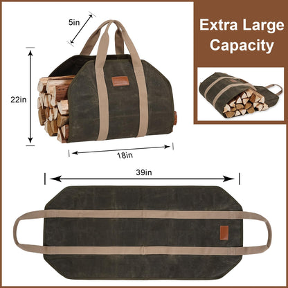 STBoo Firewood Carrier Waxed Canvas: Log Carrier for Firewood Heavy Duty | Fire Wood Carrier Tote Bag | Fireplace Log Holders for Firepit Outdoor Camping, Indoor, Wood Stove Accessories Gift, Geen
