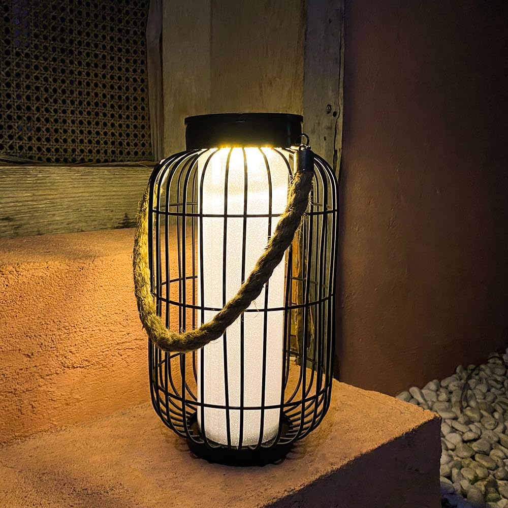 baterysu Large Outdoor Solar Lanterns Hanging Light Waterproof LED Garden Lights solar powered Retro Metal Auto On Off Table Lamp for Garden Patio Porch Lawn Pathway Walkway Tabletop Decorative(Black)