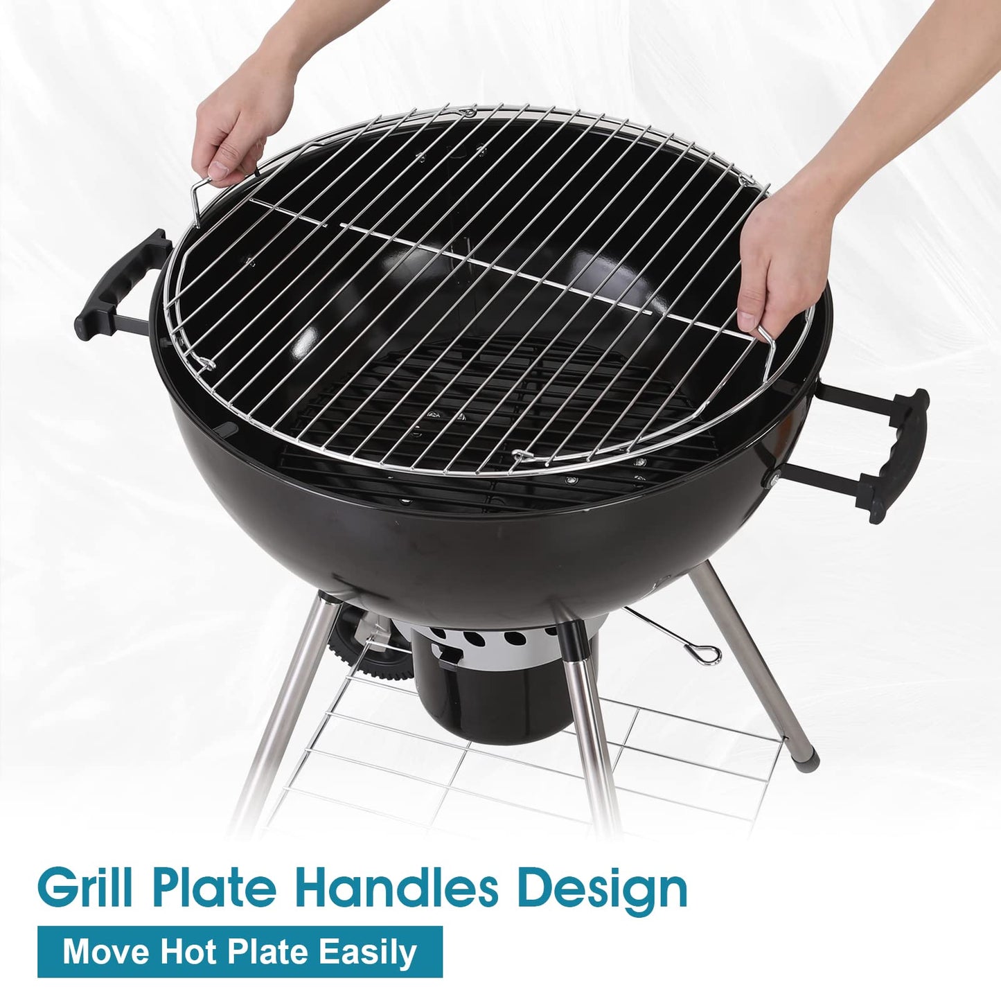 MFSTUDIO 22" Kettle Charcoal Grill, Portable Porcelain-Enameled BBQ Grill with Slide Out Ash Catcher for Outdoor Barbecue Cooking, Black