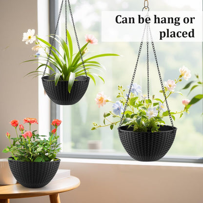 RooTrimmer Hanging Planters for Indoor Outdoor Plants 8 and 10 Inch, 4 Packs Hanging Flower Pot with Drainage Holes, Self-Watering Hanging Basket Perfect for Home, Office and Garden, Black