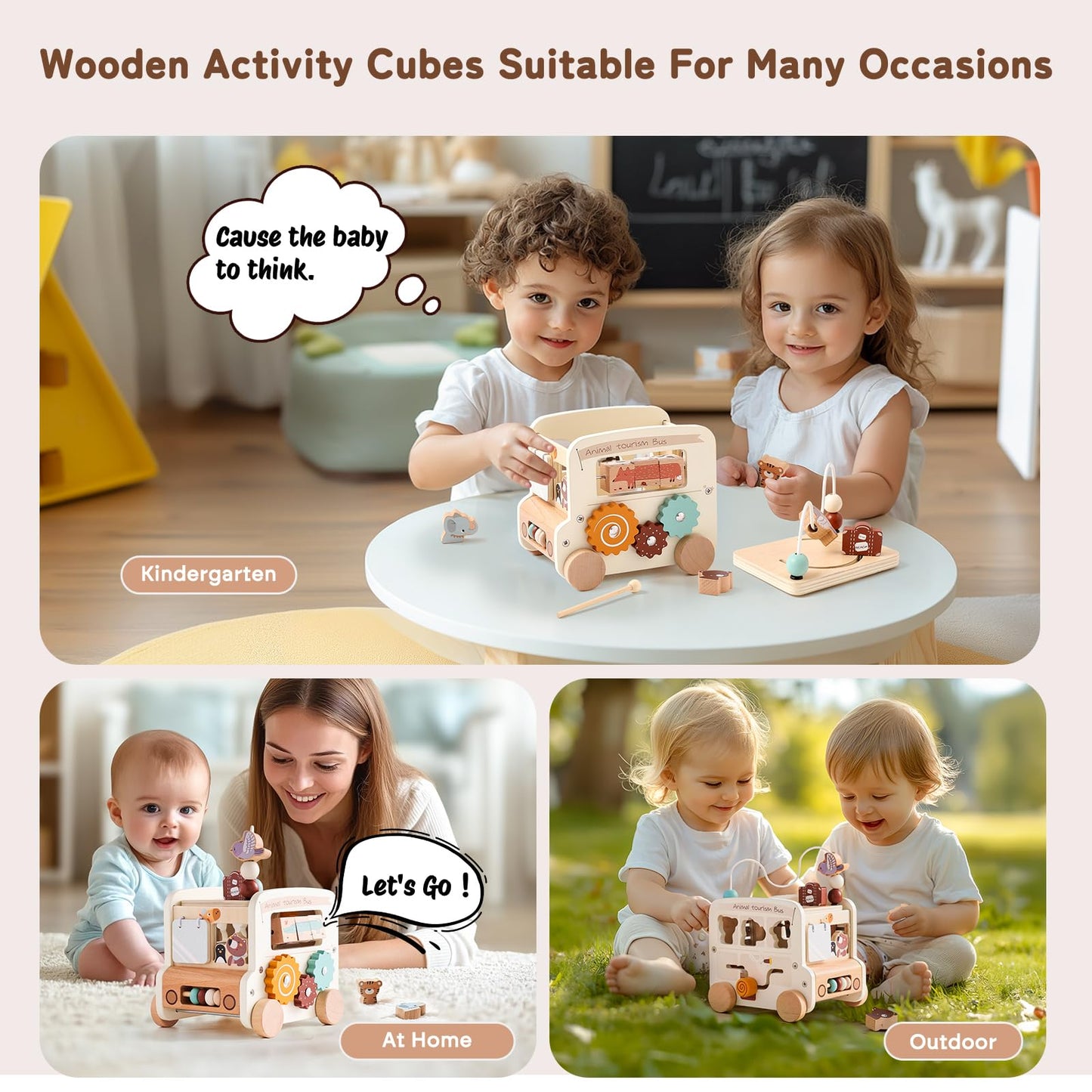 Etucdose Wooden Activity Cube 8-in-1 Montessori Toys | Multifunctional Early Educational Learning Toys | Wooden Toy for Baby Shape Sorter Xylophone Animal Travel Bus Boy Girl Birthday Gift（Beige Bus）