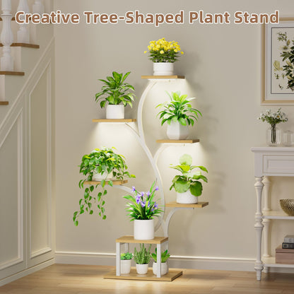 BACEKOLL Plant Stand Indoor with Grow Lights, 7 Tiered Plant Shelf Indoor, 49" Corner Plant Stands for Indoor Plants, Metal Plant Flower Display Shelf, Tree-Shaped Plant Rack for Home, Patio, White