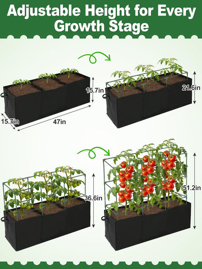 Tomato Cage with 3 Compartment 51 Gallon Grow Bag - 47" L × 15.7" W × 45" H Heavy Duty Square Tomato Planter Trellis, Easy to Assemble, for Garden Patio Balcony Climbing Vegetables Flowers Fruits