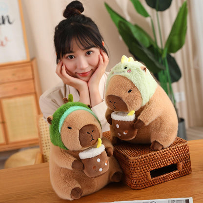 Karoeiwa Dinosaur Capybara Plush Drinking Milk Tea 11 inch Cute Dino Capibara Stuffed Animal Ultra Soft Plushies Toys Kawaii Gifts for Kids Brown