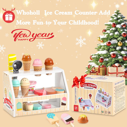 WHOHOLL Wooden Ice Cream Toys Kids Play Store Pretend Toy for Toddlers, Play Kitchen Accessories with Scoop, Menu, Ice Cream Play Set Birthday for 3 4 5 6 Year Old Girls Boys