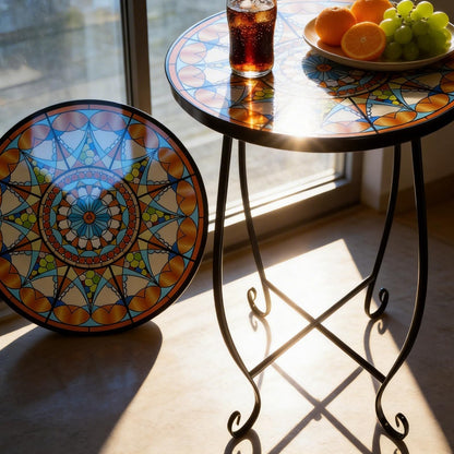 Kaesithar Set of 2 Mosaic Outdoor Side Tables Round, 15 Inch Height - Small Patio Table Set, Foldable Sun Pattern Metal Plant Stands for Garden, Balcony & Yard (Mosaic Sun, 2 Pack)