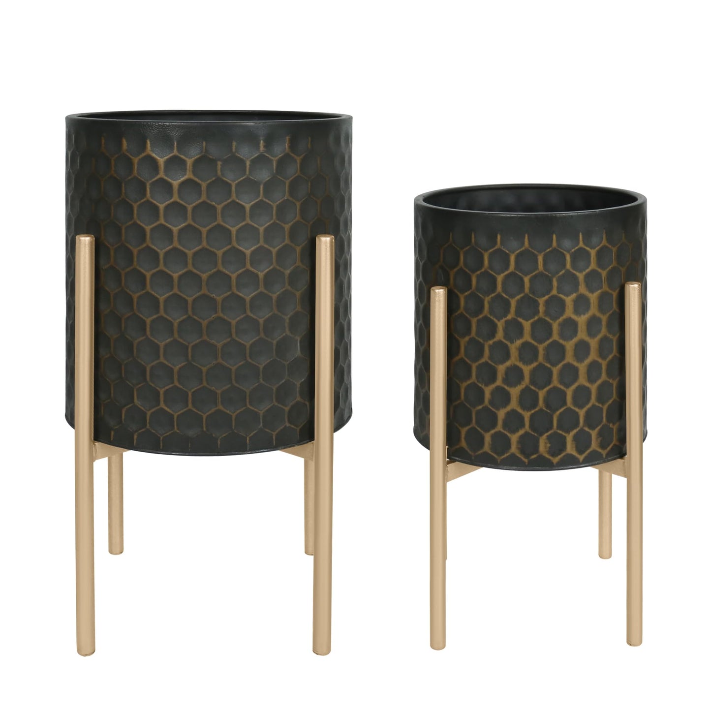Oakrain Mid Century Planters for Indoor Plants, Set of 2, Modern Decorative Metal Pots for Living Room, Office, Garden or Balcony, Black&Golden Honeycomb, 10" &12"