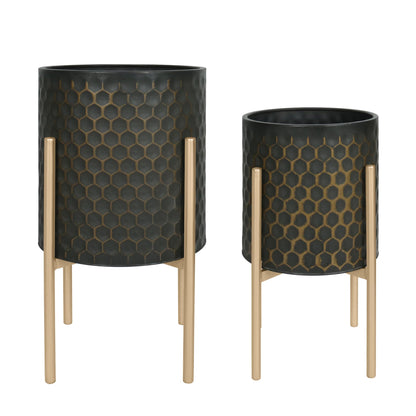 Oakrain Mid Century Planters for Indoor Plants, Set of 2, Modern Decorative Metal Pots for Living Room, Office, Garden or Balcony, Black&Golden Honeycomb, 10" &12"