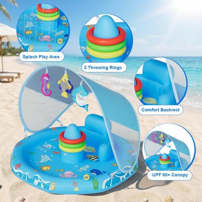 Verdenu Baby Splash Pad with Canopy, Baby Play Mat with Sprinkler, Toddler Splash Sprinkler Pad with Backrest & Stackable Rings, Summer Outdoor Water Play Toys for Boys Girls