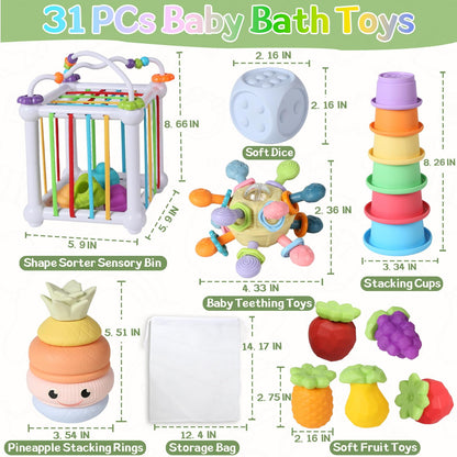6-in-1 Montessori Baby Toys for 6-12-18 Months, Fun Infant Toys with Shape Sorter Sensory Bin, Stacking Rings, Bath Toys,Soft Fruit, Learning Developmental Toys Gifts for 1 2 3 Year Old Boys Girls