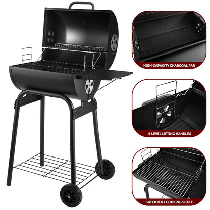 Charcoal Grill Outdoor BBQ Grill, Barrel Charcoal Grills with Side Table, with Nearly 500 Sq.In. Cooking Grid Area, Outdoor Backyard Camping Picnics, Patio and Parties, Black