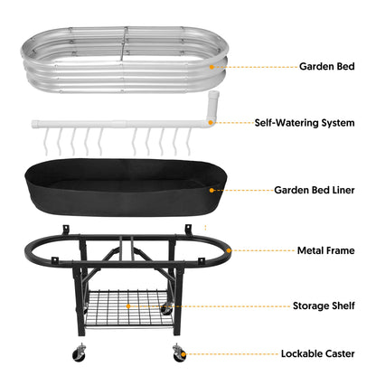 Self-Watering Raised Garden Bed with Legs and Heavy Duty Wheels, Easy-Install Planter Box with Foldable Stand, Galvanized Metal Elevated Wicking Bed with Liner for Indoor Outdoor Gardening