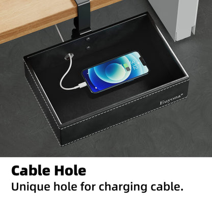 Euyona PU Leather Under Desk Organizer with 360° Rotating Clamp – for Computer Accessories, Stationery, Remote Control & Phone Storage, Black