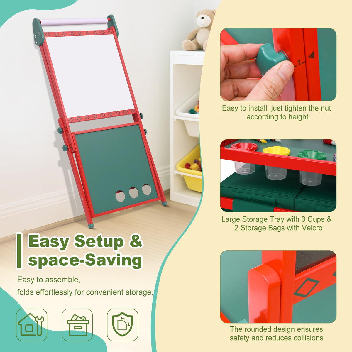 BBV Kids Wooden Easel with Paper Roll, Adjustable Magnetic Double Sided Drawing Board Whiteboard & Chalkboard Dry Easel Board, Children Art Easel for 3~12 Years Kids Boys Girls Painting Drawing（Red）