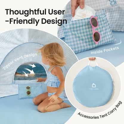 Tiny Land Baby Beach Tent – Pop Up Baby Tent with UV Protection, Portable Baby Beach Essentials, 35.4"x27.6"x31.5" Sun Shelter for Infants, Baby Summer Outdoor Use (Light Blue Gingham)