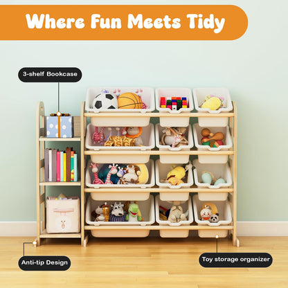 Toy Storage Organizer, Wooden Toy Organizers and Storage with Bookshelf, Toy Storage Shelf with 3 Shelves and 12 Storage Bins, Kids Bookshelf for Playroom, Nursery, Bedroom, Bookcase for Kids, White