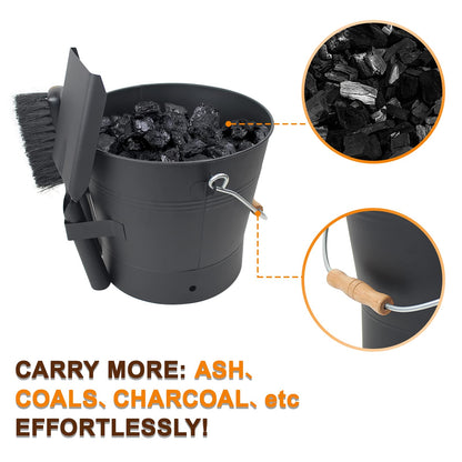 BRIAN & DANY Ash Bucket with Lid, 2.6 Gallon Fireplace Ash Bucket with Shovel and Hand Broom, Metal Bucket for Fireplace, Fire Pit, Wood Burning Stove, Black
