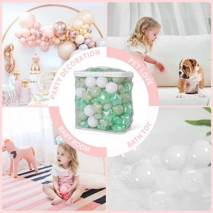 TRENDPLAY Star Ball Pit Balls for Toddlers - 100 Count Star Balls Different Shapes, Non-Toxic Plastic Balls for Boys Girls Festival Party Decoration, Pearl Green+Macaron Green