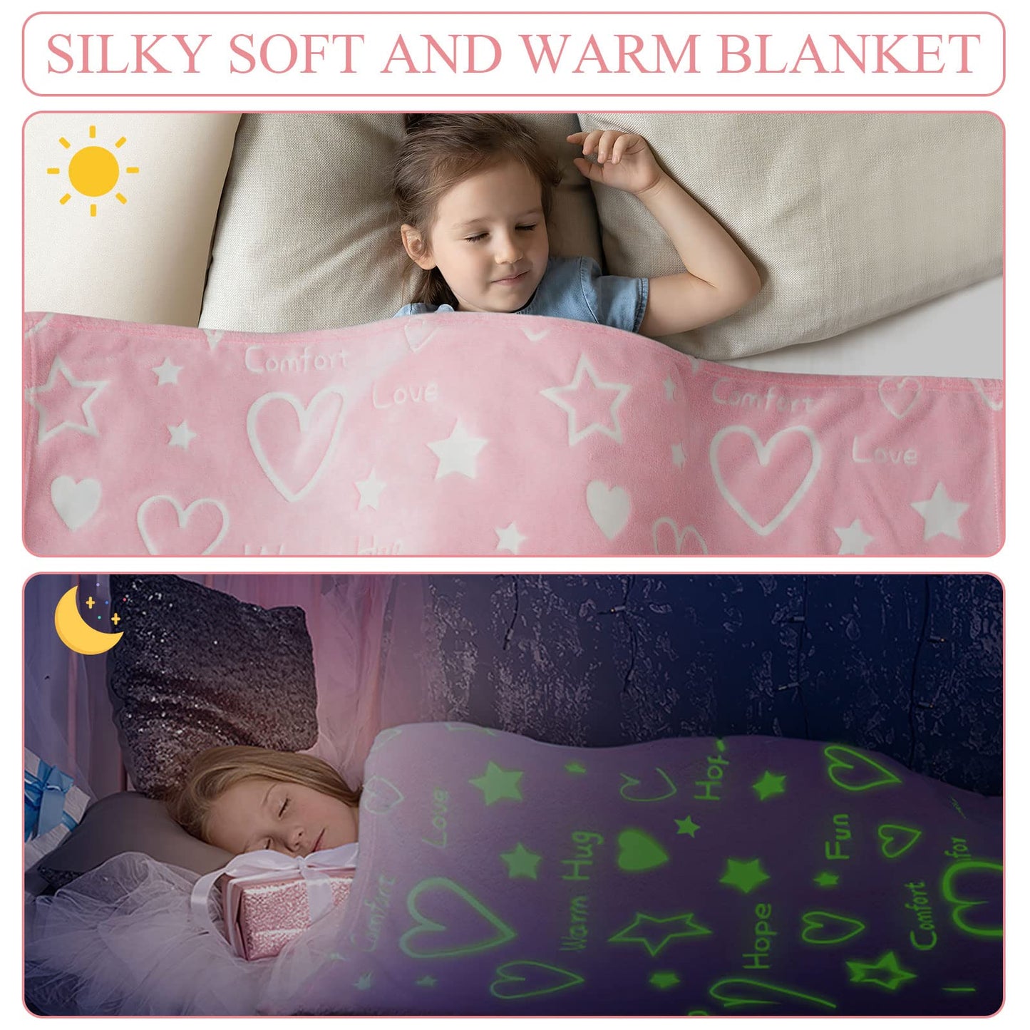Goodhipi Glow in The Dark Heart Stars Blanket, Gifts for Girls Women Mom,Soft Warm Cozy Pink Blanket for Girls,Gifts for Mothers Day Kids Birthday Gifts Presents Kids 3-12 Age,50"x 60"