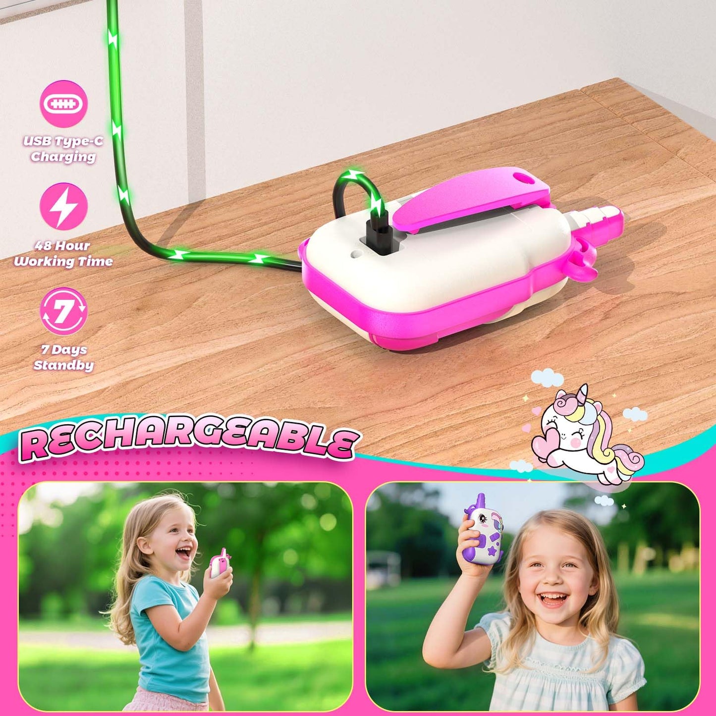 Rechargeable Walkie Talkies Toys for Girls: Unicorn Toys Walkie Talkies for Kids 2 Pack Birthday Gifts for 3 4 5-7 Year Old Girls Toy for 4 5 6 7 Year Old Grandkids Camping Outdoor Games