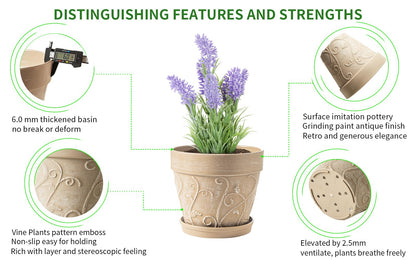 Melphoe Plant Pots Indoor with Drainage & Saucer, 2Pack 7 inch Flower Pots Outdoor Planters for Indoor Plants Garden Home Decor Cactus Succulent, Rigid Plastic (Imitation-Terracotta) Vine-Embossed