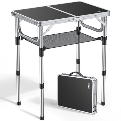 Anbte Folding Camping Table, Aluminum 24" x 16" Adjustable Height Small Folding Table with Carrying Handle, Lightweight, Portable Camping Table Waterproof for Outdoor Indoor Picnic Beach BBQ (Black)