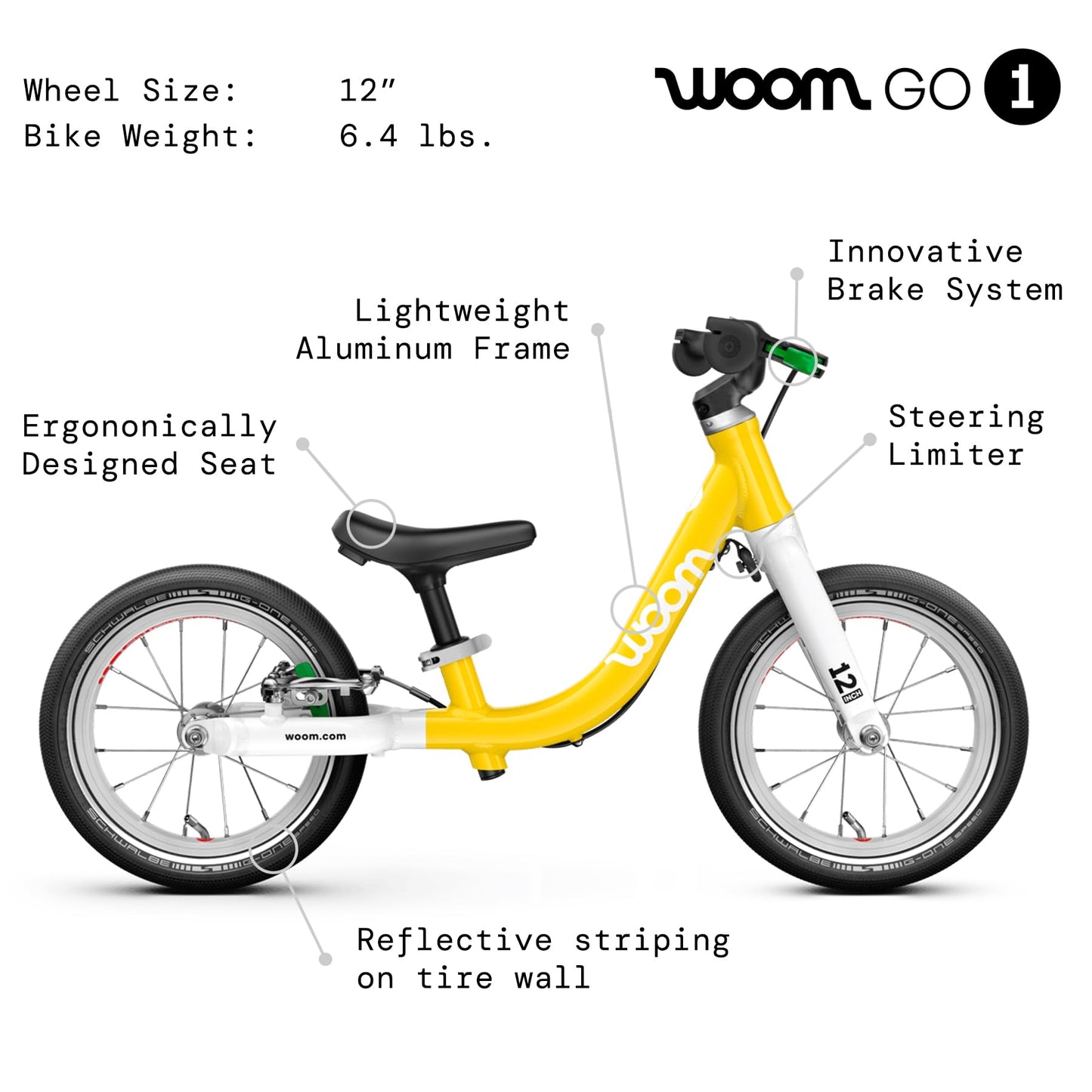 woom GO 1 Balance Bike for Toddlers 18 Months to 3.5 Years Old, 12-Inch Lightweight Bicycle with Handbrake & Steering Limiter for Boys & Girls - Yellow