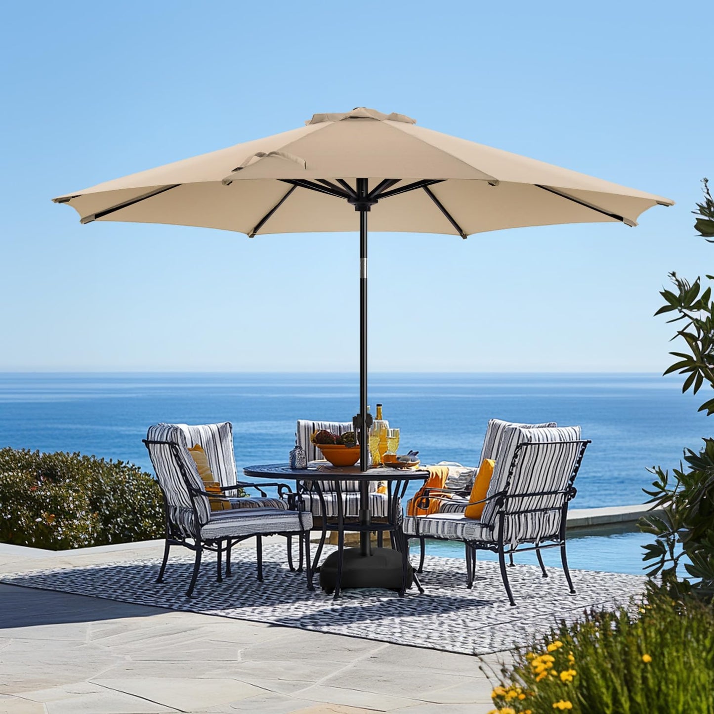 wikiwiki 9FT Patio Umbrella with Base, Outdoor Umbrellas with Base Included, 8 Sturdy Ribs, Waterproof Fade Resistant POLYESTER DTY Canopy for Deck, Lawn, Garden, Backyard & Pool, Beige