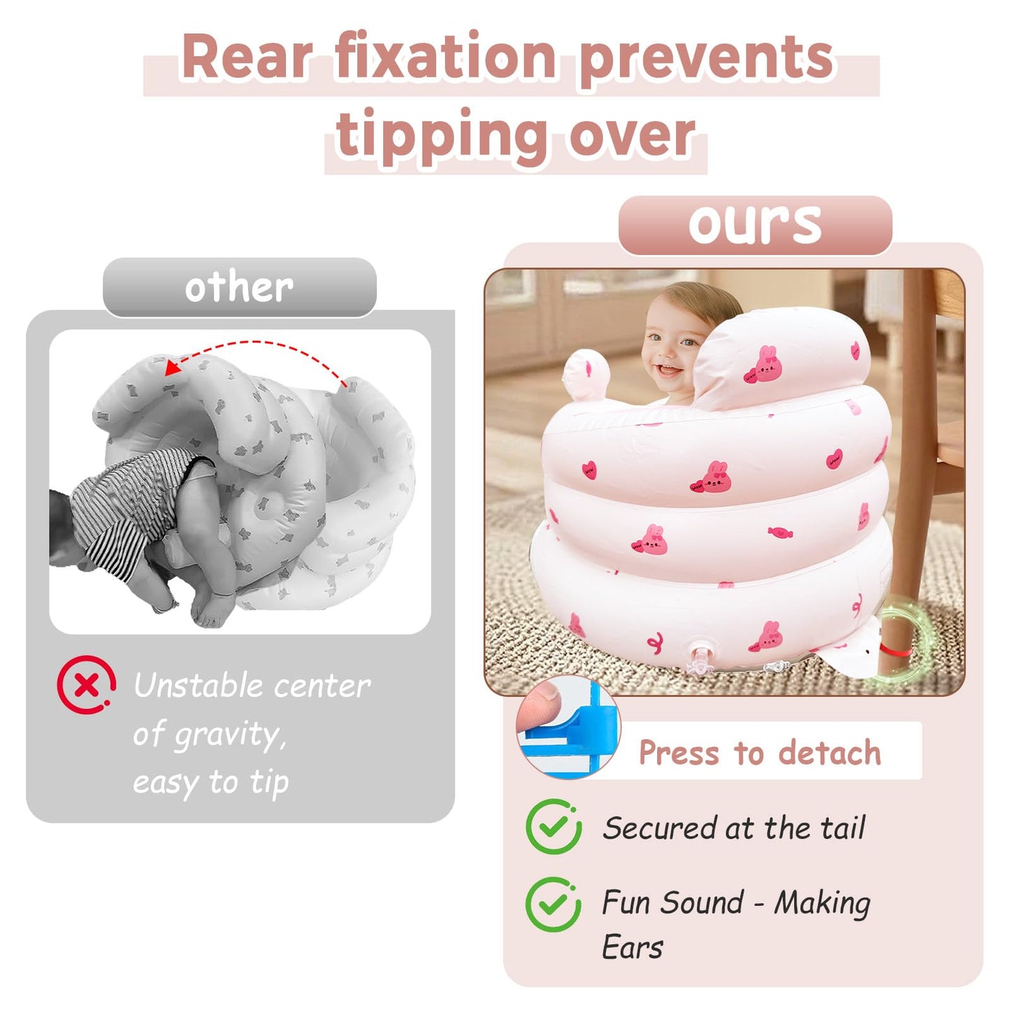 Inflatable Baby Seat for Babies 3-36 Months，[Squeaky Sound & Anti-Fall Design] Inflatable Chair with Sound-Making Ears, Baby Seat for Sitting-Up Practice, Built-in Air Pump (Pink Bunny)