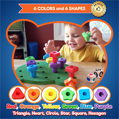 Jumbo Stacking Shapes Pegboard Set for Kids with 18 Pegs, 2 Wooden Dice, Lacing String & Storage Box (Standard Rainbow Colors)