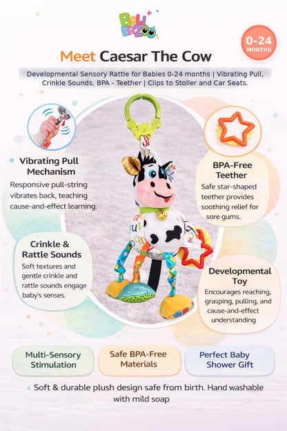 Balibazoo Caesar The Cow Hanging Toy - Developmental Sensory Rattle for Babies 0-24 Months | Vibrating Pull, Crinkle Sounds, BPA-Free Teether | Clips to Stroller, Car Seat | Soft Plush Baby Toy