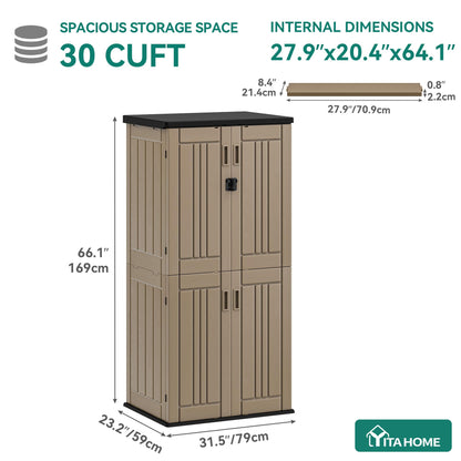 YITAHOME Outdoor Tall Storage Cabinet with 4 Shelves, Waterproof Resin Vertical Tool Shed, Lockable 30 cu. ft. Storage Shed for Patio, Garden, Yard, Brown